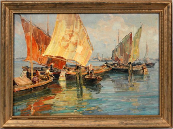 ANGELO BROMBO, OIL PAINTING, 'BURABI IN LAGUNA': ANGELO BROMBO (ITALY 1893-1962), OIL PAINTING, 18" X 27", 'BURABI IN LAGUNA':depicts a Venetian water scene with sailboats. Signed lower left; also titled and signed on verso; Gilt wood frame.