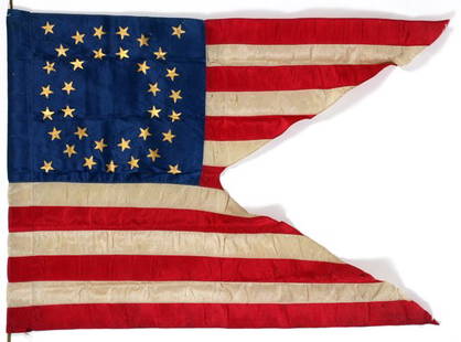 AMERICAN CAVALRY GUIDON FLAG, H 28", L 38": AMERICAN CAVALRY GUIDON FLAG, H 28", L 38":Having 35 gold stars (12 inner circle, 19 outer circle & 4 in corners). 7 Red strips and 6 white. Swallow tailed. Silk.