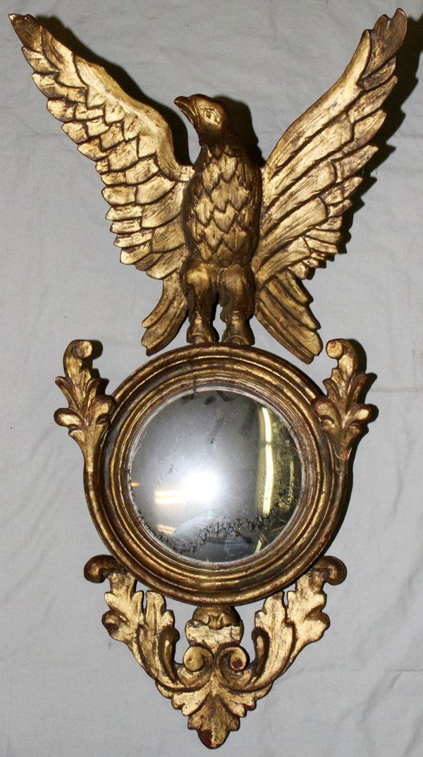 FEDERAL STYLE GILT WOOD BULL'S EYE MIRROR, 35"H: FEDERAL STYLE GILT WOOD BULL'S EYE MIRROR, H 35", W 18":having an eagle crest with acanthus leaf surround.