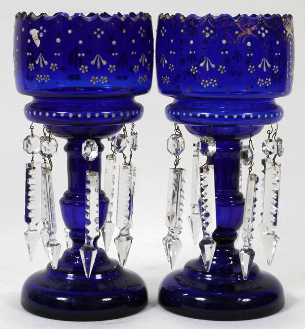 VICTORIAN BRISTOL HAND BLOWN COBALT LUSTERS, PR: VICTORIAN BRISTOL HAND BLOWN COBALT BLUE GLASS LUSTERS, PAIR, H 11":Hand painted accents and each with crystal prisms.
