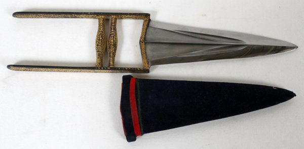 EAST INDIAN KATAR PUSH DAGGER, 18TH C: EAST INDIAN KATAR PUSH DAGGER, 8 1/2" BROAD DAMASCUS BLADE, 18TH C:East Indian Katar push dagger, 8 1/2" broad blade having an elaborate gold damascene hilt and ricasso, center reinforcement rib and a