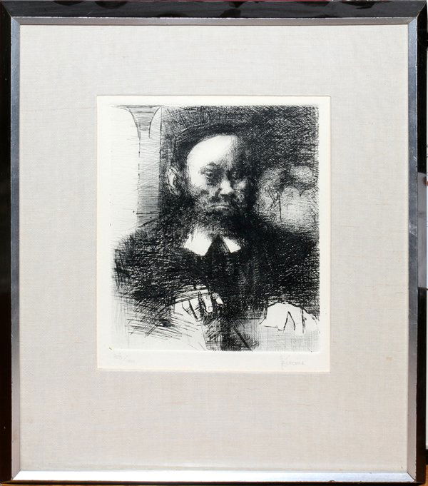 JACK LEVINE ETCHING, 10X8, "RABBI IN HIS STUDY": JACK LEVINE (AMERICAN, 1915), ETCHING, 10" X 8", "RABBI IN HIS STUDY":#33/100; pencil signed; framed. Garelick's Gallery, Detroit label.