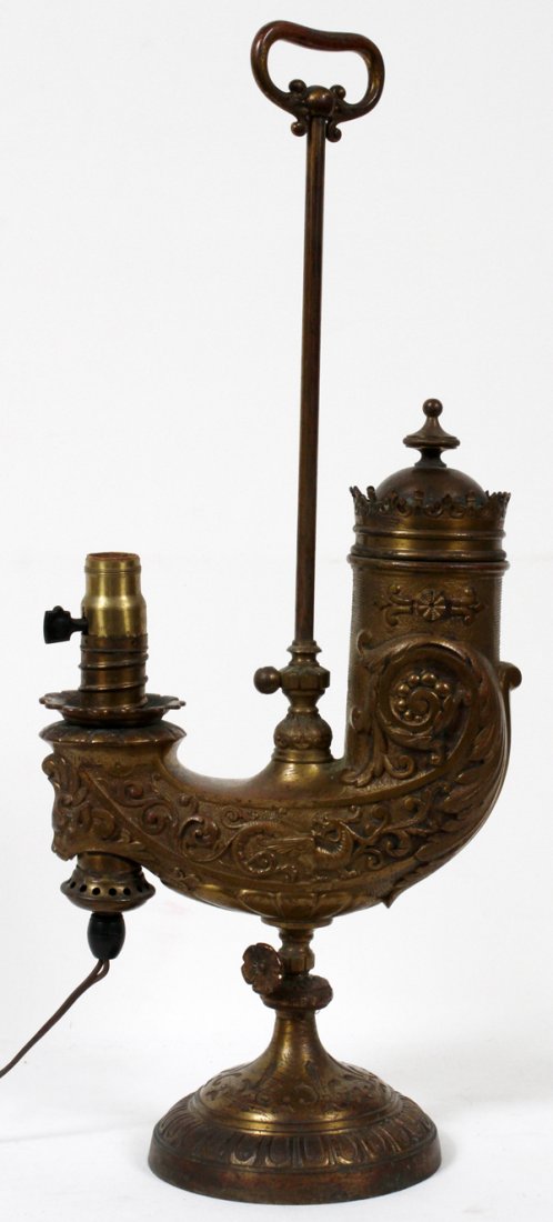BRASS OIL LAMP, ELECTRIFIED, H 20", W 11": BRASS OIL LAMP, ELECTRIFIED, H 20", W 11":middle eastern style with pedestal base;