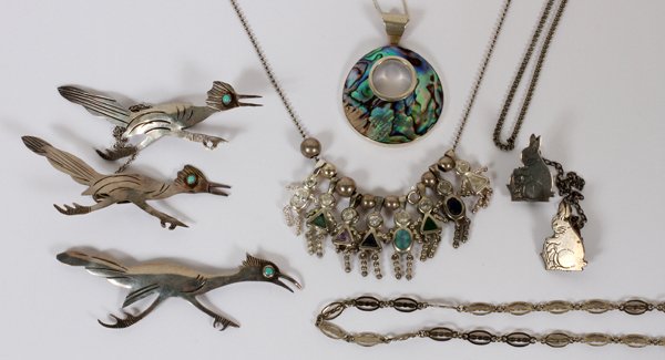 SILVER JEWELRY SWEATER CLIPS, 5 PCS: SILVER JEWELRY SWEATER CLIPS, 5 PCS:28" silver chain with mother of pearl pendant marked clasp. A 22" silver chain with eight children charms, marked slide necklace. Road Runners with blue turquoise i