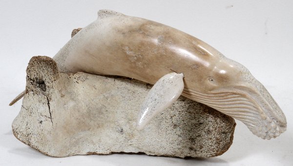 INUIT CARVED STONE L 12", "WHALE": INUIT CARVED STONE L 12", "WHALE":On driftwood base.