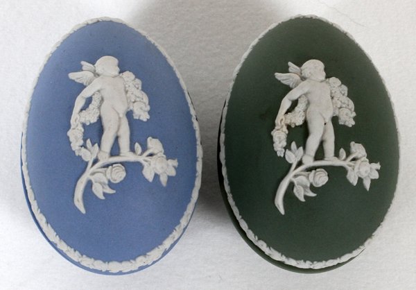WEDGWOOD JASPERWARE EGG-SHAPED COVERED BOXES, 2: WEDGWOOD JASPERWARE EGG-SHAPED COVERED BOXES, 2:In blue and green.