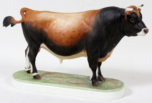 DORIS LINDNER FOR ROYAL WORCESTER JERSEY BULL: DORIS LINDNER FOR ROYAL WORCESTER, PORCELAIN JERSEY BULL, H 6", L 12":Royal Worcester mark and inscribed: "Jersey Bull" on the underside. Integral oval base.