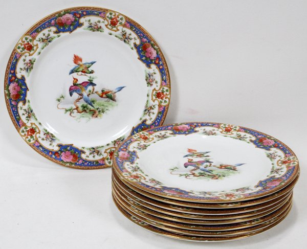 SHELLEY OLD SEVRES PORCELAIN PLATES, COFFEE POT: SHELLEY 'OLD SEVRES' PORCELAIN PLATES, NINE, DIA 10", & A COFFEE POT:Nine plates dia 10", one coffee pot 5.5". Pattern of exotic birds and garden flowers. Circa 1910 - 20. Ten pieces total.