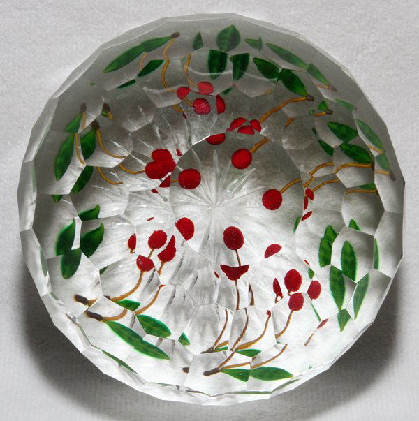 DELMO TARSITANO GLASS PAPERWEIGHT: DELMO TARSITANO 'HONEYCOMB WITH WILD CHERRIES' GLASS PAPERWEIGHT, DIA 3 1/4":For the Metropolitan Museum of Art, limited edition number 3, October 10, 1981, signed "DT".