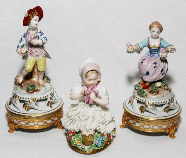 ITALIAN PORCELAIN FIGURES FOR BONWIT TELLER, PR: ITALIAN PORCELAIN FIGURES FOR BONWIT TELLER, PAIR, H 6 1/2", & A GERMAN PORCELAIN FIGURES:Including 2 Italian porcelain figures for Bonwit Teller, gilt metal mounts, H.6 1/2" and 6", together with 1 G
