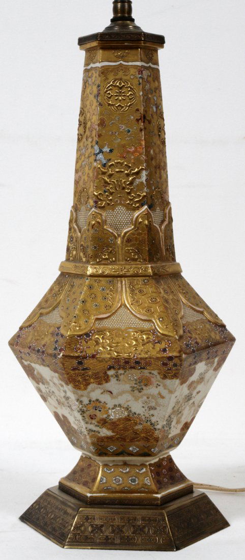 JAPANESE SATSUMA EARTHENWARE VASE, AS A LAMP: JAPANESE SATSUMA EARTHENWARE VASE, 19TH C., H 14", MOUNTED AS A LAMP, H 27" OVERALL:Height of vase only 14", overall 27". Complex design heavily encrusted in gold