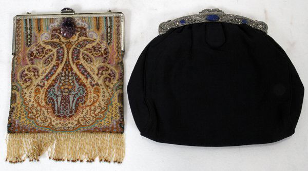 VINTAGE EVENING BAGS TWO CIRCA 1900: VINTAGE EVENING BAGS TWO CIRCA 1900:One with lapis and marcasite frame; other with carved lavender quartz clasp and beaded
