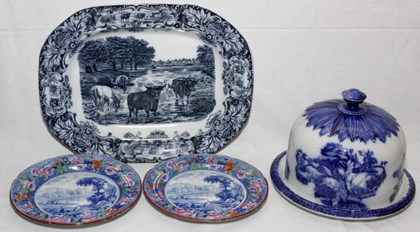 WEDGWOOD & CO. AND BLUE TRANSFER(2): WEDGWOOD & CO. PLATTER, L 17", BLUE TRANSFER CHEESE KEEPER & PLATES (2):Including 1 Wedgwood & Co. platter, watering cows at the well, L.17"; 1 Victoria ironstone cheese keeper, H.9", and 2 "Linlithgo