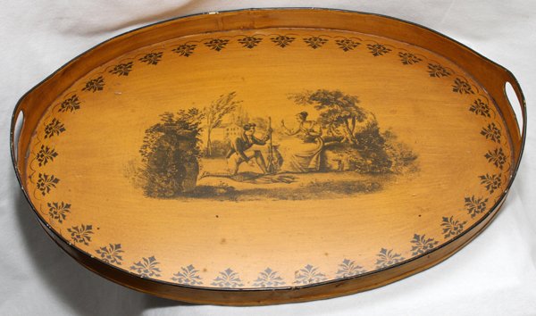 ENGLISH TOLE GALLERY TRAY, EARLY 19TH C.: ENGLISH TOLE GALLERY TRAY, EARLY 19TH C., L 19":Oval shape with pierced handles, decorated at the center with a gentleman courting a young lady. Measures L.19" x 14".