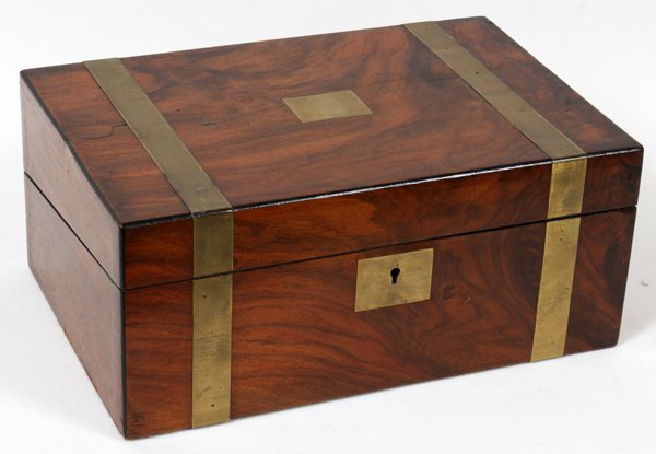 ENGLISH BURL WALNUT LAP DESK, C. 1840, H 6": ENGLISH BURL WALNUT LAP DESK, C. 1840, H 6", W 13 1/2", D 9":Brass banding, opens to tooled leather writing surface. With key.