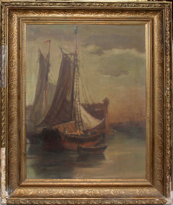 EUROPEAN OIL ON CANVAS SIGNED SAILBOATS AT DOCK: EUROPEAN OIL ON CANVAS, SIGNED, 17 1/2" X 12 1/2", SAILBOATS AT THE DOCK:Depicting a docked sail boat, illegibly signed lower left and framed. Overall dimensions are 22" x 17 1/4". Canvas size: 17 1/2