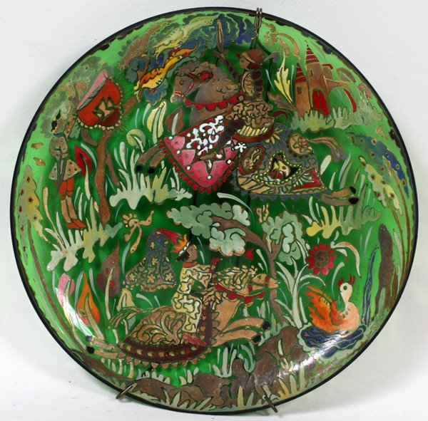 JOSE CIRE ROYO (20TH C.), ENAMELED GLASS DISH,: JOSE CIRE ROYO (20TH C.), ENAMELED GLASS DISH, DIA 10 7/8":A round green glass dish enameled at the well with medieval style figures among foliage; signed "Royo" lower right.