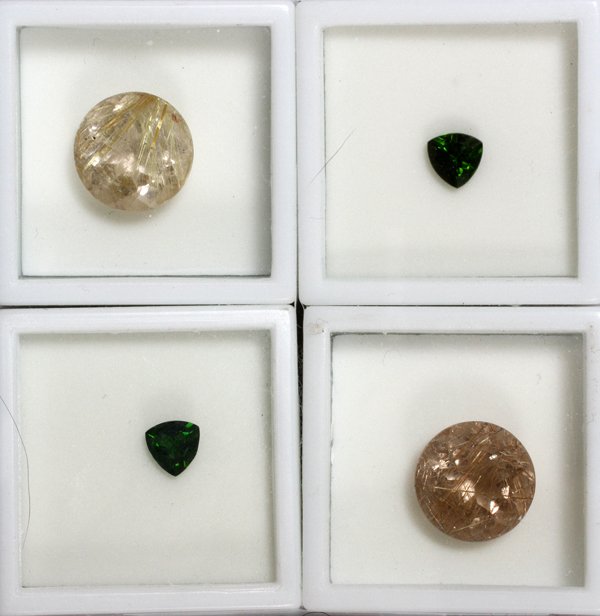 NATURAL RUTILATED QUARTZ 10CT EACH, PAIR &: NATURAL RUTILATED QUARTZ 10.00CT EACH, PAIR & GREEN CHROME DIOPSIDE 1.30CT EACH, GEMSTONE, 4:Unmounted. Good Condition. Natural Semi Precious Rutilated quartz 10.00 ct, Each, Pair. Yellow, #Q4R - 1005