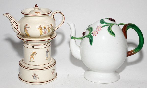 SARGUEMINES VEILLEUSE & MINTONS COFFEE POT: SARGUEMINES DEMI-PORCELAIN VEILLEUSE, H 9", & MINTONS COFFEE POT:With transfer decorated nursery type scenes. With "Sarguemines" at the underside in black. Together with 1 Mintons "puzzle" style teapo