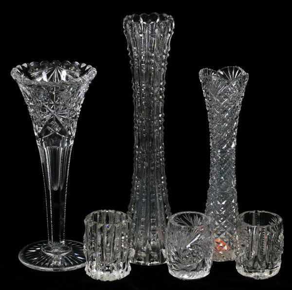 CUT CRYSTAL BUD VASES, + 3 TOOTHPICK HOLDERS: CUT CRYSTAL BUD VASES THREE, H 3" - 11" PLUS THREE TOOTHPICK HOLDERS:Six pieces. All pieces are hand cut. All are circa 1910. Toothpick holders are 3".