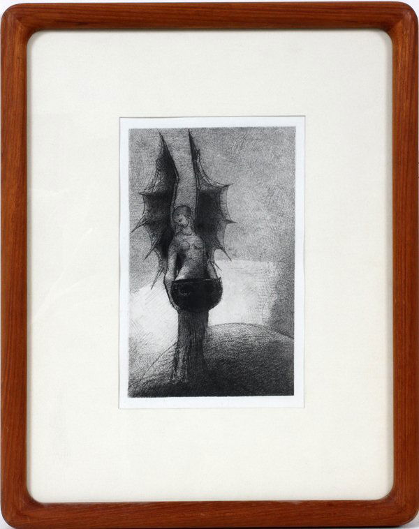 ODILON REDON, CHINE APPLIQUÉ LITHO: ODILON REDON, CHINE APPLIQUÉ LITHO, 7 3/4" X 4 3/4", "LES TENEBRES":Proof impression; frontispiece for the book; unsigned; framed.