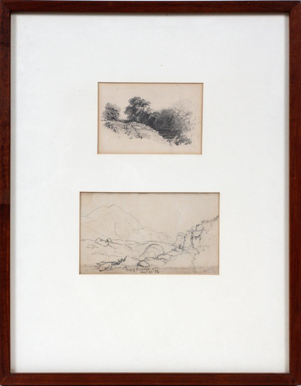 JOHN FREDERICK KENSETT N.A., 2 PENCIL SKETCHES: JOHN FREDERICK KENSETT N.A. (US 1816-1872), 2 PENCIL SKETCHES, C. 1856, 4" X 6 3/4" & 3 1/2" X 5":Sizes are paper sight; framed together; larger one titled "Gap of Dunloe No 2"; unsigned.
