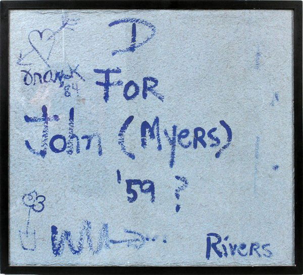 LARRY RIVERS (1923-2002), GOUACHE, PAPER: LARRY RIVERS (US 1923-2002), GOUACHE IN BLUE, 1959, 21" X 23" PAPER, "FOR JOHN (MYERS) '59?":Signed "Rivers" lower right; framed.