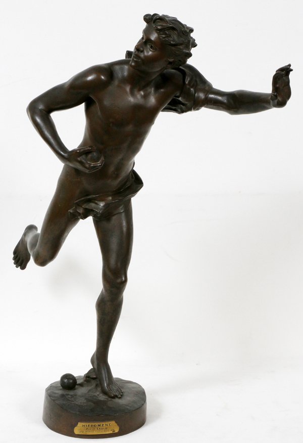 GEORGE ERNEST SAULO (FRENCH), BRONZE SCULPTURE: GEORGE ERNEST SAULO (FRENCH 1865-1945), BRONZE SCULPTURE, H 28", "HIPPOMENE":Bronze Garanti au Titre, Paris foundry seal; won a 2nd place medal at a Beaux Arts exhibition; stamped "Tiffany".
