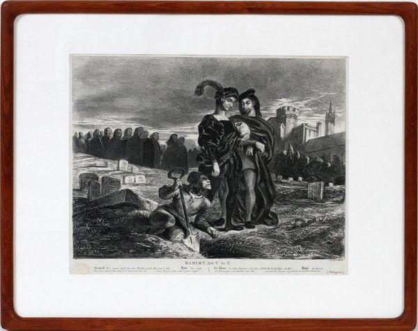 AFTER EUGENE DELACROIX, LITHO BY C. MOTTE: AFTER EUGENE DELACROIX, LITHO BY C. MOTTE, 10" X 14", "HAMLET CONTEMPLATING YORICK'S SKULL":Framed.