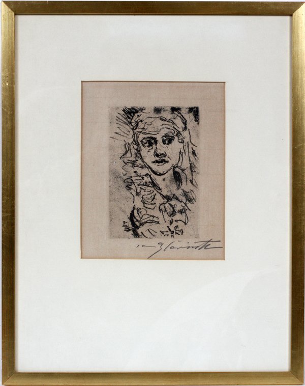 LOVIS CORINTH, LITHOGRAPH, 5 1/2" X 3 3/4": LOVIS CORINTH, LITHOGRAPH, 5 1/2" X 3 3/4", BUST OF A FEMALE:Pencil signed; framed; laid paper.