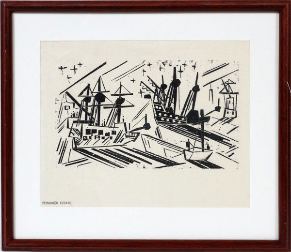 LYONEL FEININGER, WOODCUT, 5 1/2" X 9 1/8": LYONEL FEININGER, WOODCUT, 5 1/2" X 9 1/8", "SCHIFFE UND STERNE":Estate stamp; 1st published in 1919; purportedly one of 10 unsigned proofs before publication; framed.