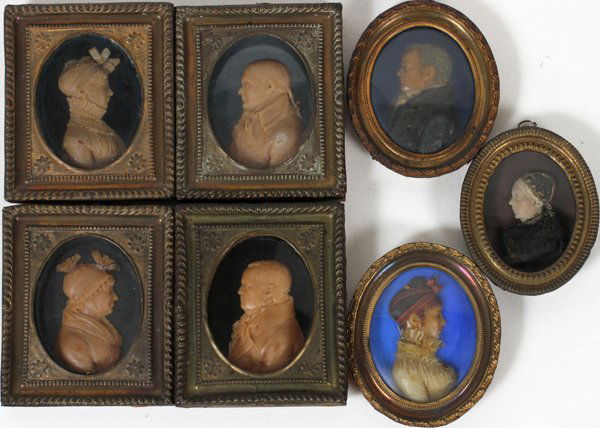 19TH C. GERMAN PROFILE WAX PORTRAITS, 7: 19TH C. GERMAN PROFILE WAX PORTRAITS, 7, 2 3/4" X 1 3/4" TO 2 1/4" X 1 1/2", SCHROPP FAMILY:Schropp Family of Halberstadt Germany; some are colored; gilt period rectangular and oval frames.