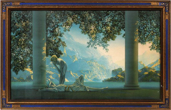 MAXFIELD PARRISH, LITHOGRAPH 21" X 33": MAXFIELD PARRISH, LITHOGRAPH 21" X 33", DAY BREAK:Reclining classical figure with nude overlooking her, in the original frame.