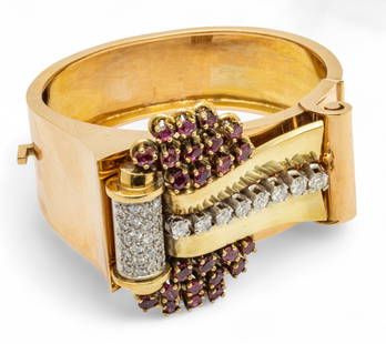 French Retro Ruby And Diamond Hinged Cuff Bracelet, 18K Yellow Gold And Platinum 1940, W 2.7" 106 g: French Retro Ruby And Diamond Hinged Cuff Bracelet, 18K Yellow Gold And Platinum 1940, W 2.7" 106 g 24 prong set faceted round rubies @ approximately .10cts each. 8 prong set diamonds (2cts), the larg