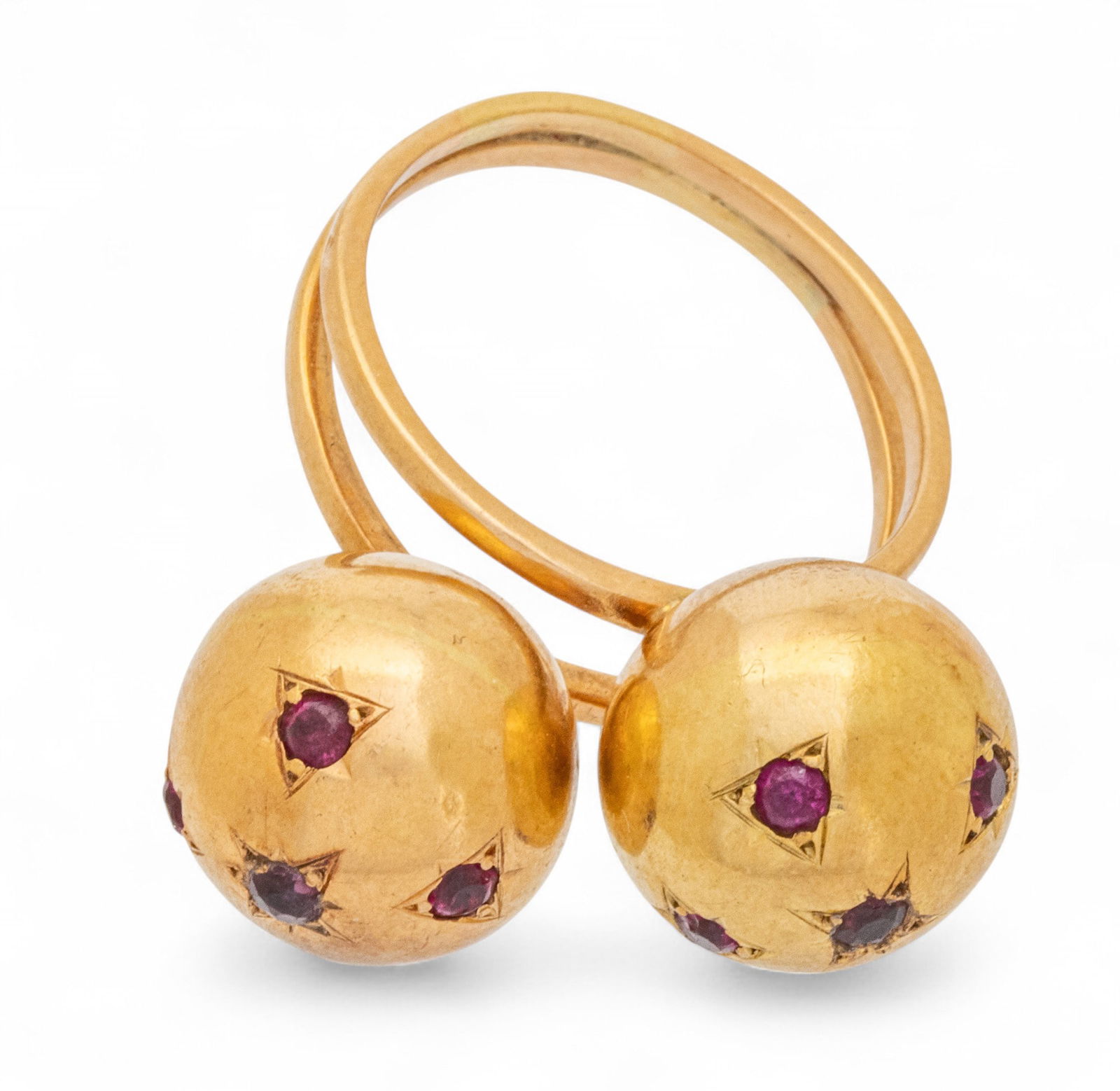 Gold Sphere Ring with Rubies, Split Shank 9 1/2 (1 of 7)