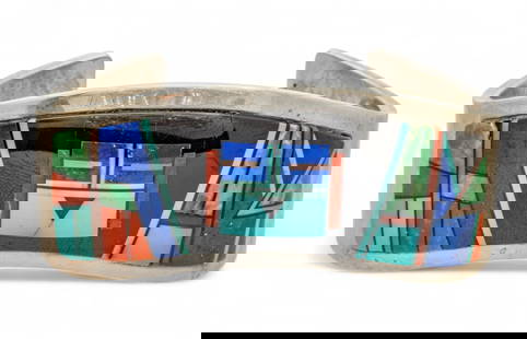 Tommy Jackson (Navajo) Coral, Turquoise, Lapis Sterling Silver Inlay Bracelet W 2.5" 63 g 1 PC: Tommy Jackson (Navajo) Coral, Turquoise, Lapis Sterling Silver Inlay Bracelet W 2.5" 63 g 1 PC &nbsp;Abstract design in black onyx, turquoise, coral, lapis. Signed Jackson and sterling. Provenance:  P