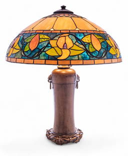 Handel Lamp Co. (American, 1885-36) Bronze Base Table Lamp 1920, H 24" Dia. 20": Handel Lamp Co. (American, 1885-36) Bronze Base Table Lamp 1920, H 24" Dia. 20" Base stamped "Handel". Base is one piece (appears to have a teakwood base but is all bronze) and has foo dog heads