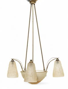 Mueller Freres (French) Art Nouveau Frosted And Molded Glass Chandelier, 1920, H 30" Dia. 24": Mueller Freres (French) Art Nouveau Frosted And Molded Glass Chandelier, 1920, H 30" Dia. 24" Center bowl surrounded by three drop pendant lights with a brass frame. Provenance:  Property from the col