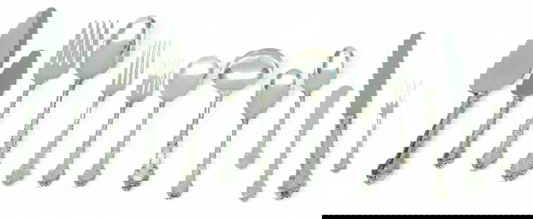 Gorham Sterling Silver English Gadroon Flatware Set for 9 68 PCS: Gorham Sterling Silver English Gadroon Flatware Set for 9 68 PCS 9 place knives 8.7",&nbsp; 9 -7"place forks 13.6Toz, 8 salad forks 9.9Toz, 8 cream soup spoons&nbsp; 9.3Toz,&nbsp; 9 flat butter spread