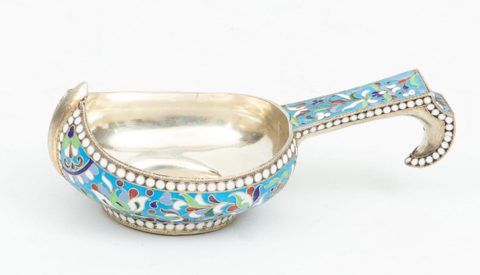 Russian Enameled Sterling Silver Kovsh, H 1.62" W 2.75" L 5" 3.11 t oz (1 of 5)