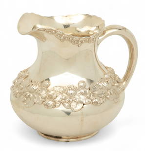 Gorham Sterling Silver Water Pitcher, 4 1/2pint, Waterlily Motif H 8" W 8" 27 t oz: Gorham Sterling Silver Water Pitcher, 4 1/2pint, Waterlily Motif H 8" W 8" 27 t oz A258. Inscribed on base Dec. 12, 1899. Bulbous base with band of waterlilies. Provenance: Property of a Bloomf