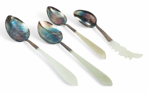 Chinese Sterling Silver And White Jade Spoons, Ca. 1900, 39 g 4 PCS: Chinese Sterling Silver And White Jade Spoons, Ca. 1900, 39 g 4 PCS The collection of spoons having sterling silver bowls and white jade handles. No silver hallmarks seen. Total weight: 23 grams. Prov