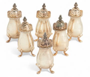 Reed And Barton (American) Sterling Silver Salt And Pepper Shakers, Ca. 1970s, H 3" W 1.25" 7 t oz 6: Reed And Barton (American) Sterling Silver Salt And Pepper Shakers, Ca. 1970s, H 3" W 1.25" 7 t oz 6 PCS Six Reed and Barton sterling salt and pepper shakers. Footed with shell accent rims. Retailed b