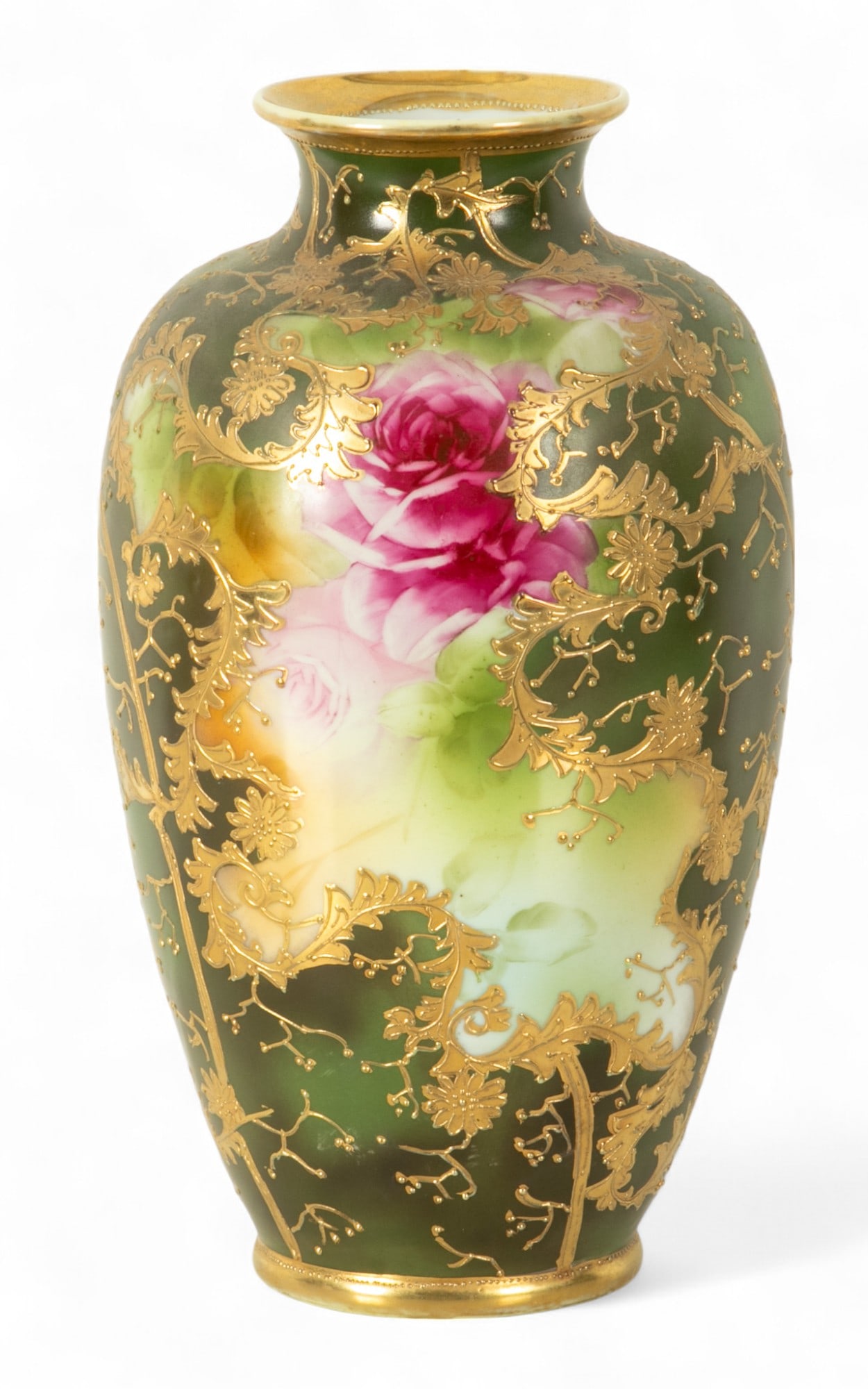 Nippon (Japanese) Hand Painted Porcelain Vase, Red Roses 1900, H 14" (1 of 5)