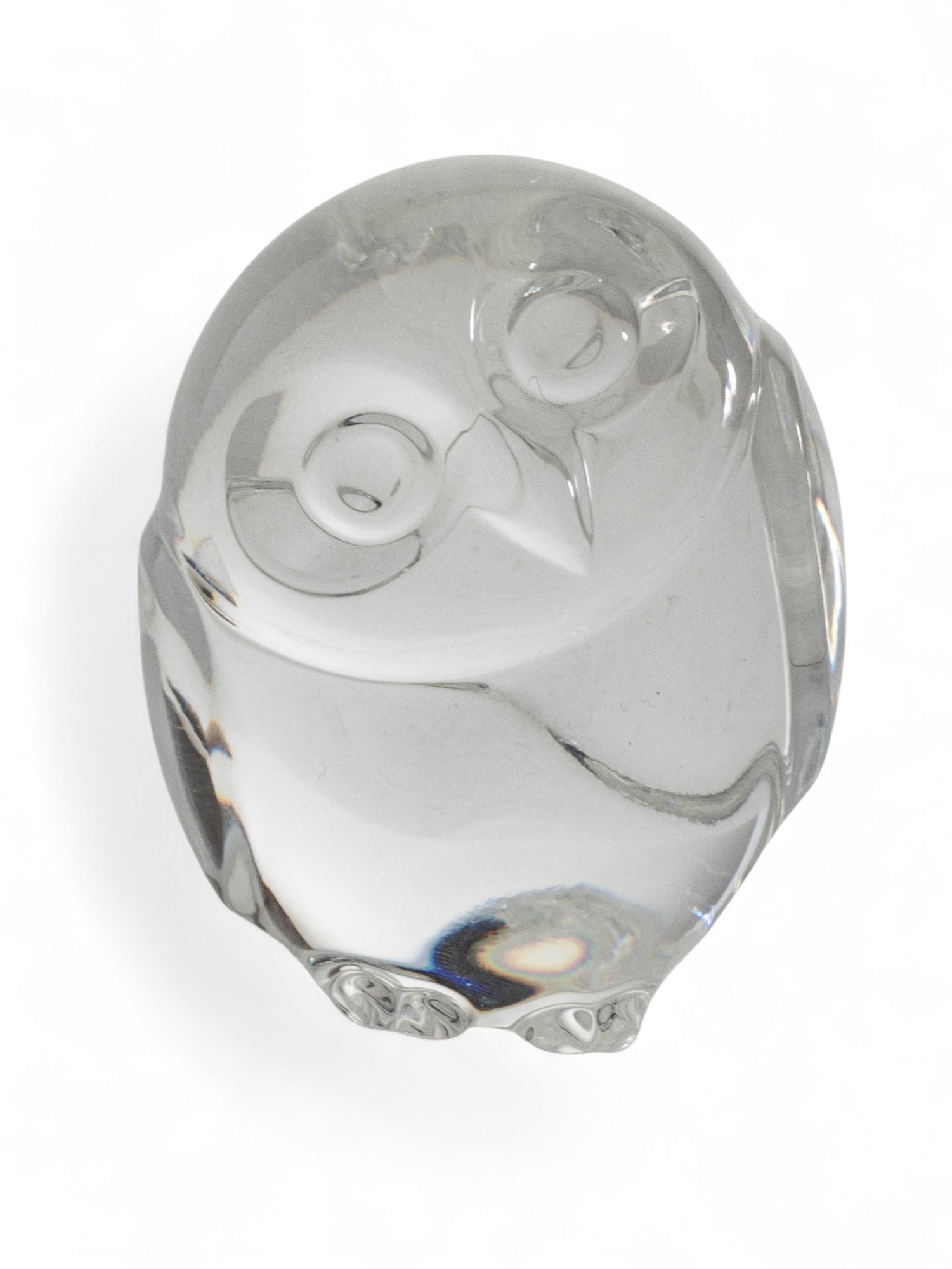 Steuben (American) Crystal Owl Hand Cooler H 2.5" W 2" Depth 1.5": Steuben (American) Crystal Owl Hand Cooler H 2.5" W 2" Depth 1.5" Signed on the underside. Crystal hand cooler in the form of an inquisitive owl. Provenance: From the Estate of Prominent Collectors,