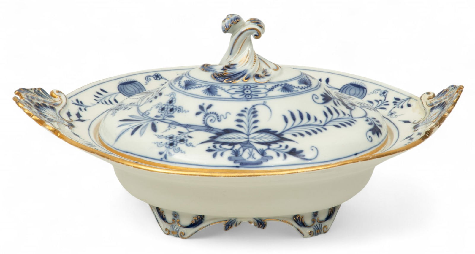 Meissen (German) Porcelain Blue Onion Pattern Double Handled Bowl with Cover, 19th C., H 6.5" W 10" (1 of 6)