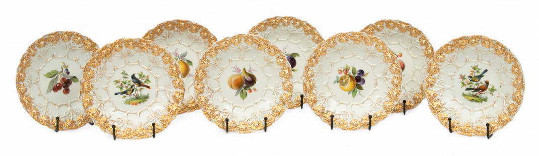 Meissen (German) Porcelain Set of Plates, Hand Painted 1900, Dia. 7.75" 8 PCS: Meissen (German) Porcelain Set of Plates, Hand Painted 1900, Dia. 7.75" 8 PCS Hand painted fruit motif with fired gold accents on six. Each plate is unique. Two plates decorated with colorful birds. B