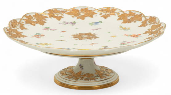 Meissen (German) Porcelain Compote 19th.c., H 5" Dia. 14.5": Meissen (German) Porcelain Compote 19th.c., H 5" Dia. 14.5" Hand painted floral and butterfly pattern. Fired gold accents. Meissen trademark of underglaze crossed swords on base. Provenance:  Property