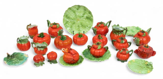 Royal Bayreuth Tomato & Lettuce Ware Porcelain Teapots, Pitchers, Sugar Bowls, Covered Dishes, Trays: Royal Bayreuth Tomato & Lettuce Ware Porcelain Teapots, Pitchers, Sugar Bowls, Covered Dishes, Trays 1900, 25 PCS 16 pieces in tomato form: 3 teapots 5", 4 pitchers, 2 sugar bowls 4", 1salt, 1 pepper,