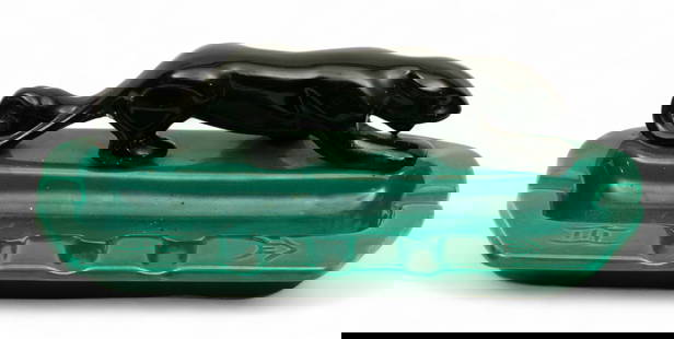 American Mid-Century Modern Ceramic Cigar Ashtray 1950, 'Black Panther', H 3" W 10" Depth 5.25": American Mid-Century Modern Ceramic Cigar Ashtray 1950, 'Black Panther', H 3" W 10" Depth 5.25" Black ceramic black panther atop a teal glaze ashtray with supports for both cigarettes and cigars. Unma